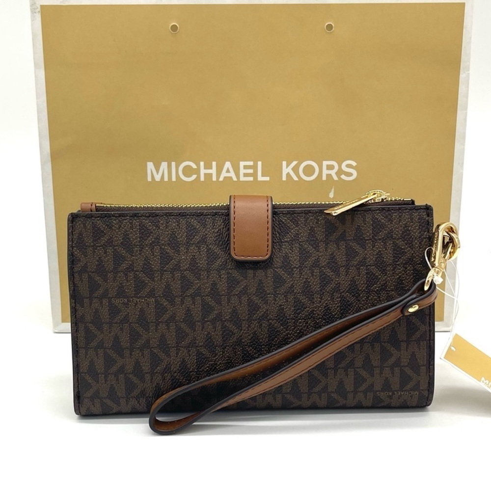 Michael Kors Large Double Zip Wallet Wristlet Brown Signature - Picture 4 of 7